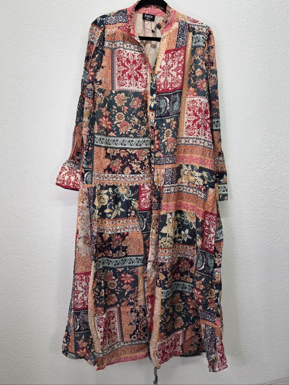 Fate Bohemian Patchwork Print Button Front Maxi Dress In Teal Medium Hippie
